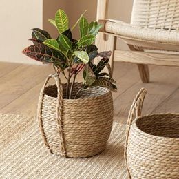 Vases Woven Planter Basket Handmade Natural Straw With Handle Laundry For Strong