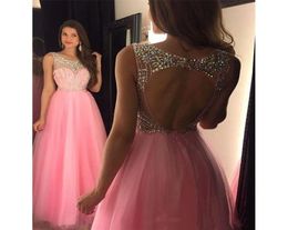 Custom Made Rhinestone Sparkly Prom Dresses Long Pink Tulle A Line Evening Party Gowns Open Back Sexy Cocktail Formal Dresses3964575