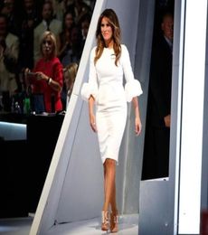 Melania Trump Little White Celebrity Cocktail Dresses Evening Wear Crew Pleated Sleeves Back Split Knee Length Party Gowns5855854