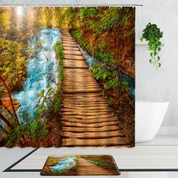 Shower Curtains Forest Stream Water Wooden Corridor Scenery Curtain Fallen Leaves Jungle Natural Landscape Bathroom Set Non-Slip Carpet