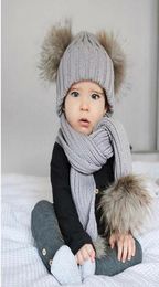 New Autumn Winter Baby Kids Faux Fur Ball Knitted Hat Scarf Set Children Knitwear Beanie Skull Cap Scarf 151741775046