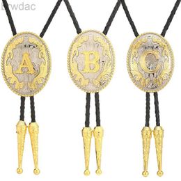 Bolo Ties RechicGu Gold Letter Bolo Tie For Man Western Cowboy Cowgirl Leather Rope Necktie Womens Necklace Jewelry Accessories ABCDEFG-Z 240407