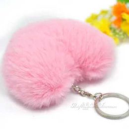 Keychains Lanyards Fluffy and fluffy keychain gift suitable for women soft heart-shaped fake rabbit ball car bag accessory keyring Q240403