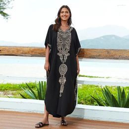 Boho Black Swimsuit Cover Ups Embroidery Over Size Short Sleeve Swim Up For Women Kaftan Dress Biquinis Robe De Plage