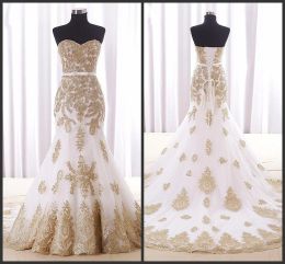 Dresses Chaple Train Elegant Wedding Gowns Golden Appliques Lace Wear Long Dress Sweetheart Neck Lace Up Back Cheap Price High Quality Vin