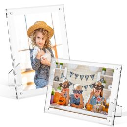 Frame 2Pcs Acrylic Picture Frames With Stand 5x7 Inch Clear Magnetic Acrylic Photo Frame Frameless Tabletop Picture Frame Horizontal