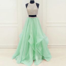 Dresses Mint Organza Ruffles Crystals Beading Sequins Two Piece Prom Dress Aline Cutout Back Long Evening Gowns