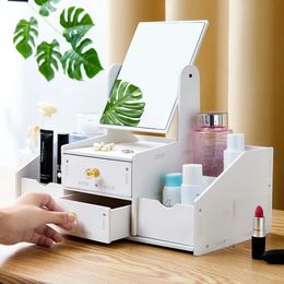 Contains Mirror Drawer Makeup Storage Box Dormitory Finishing Plastic Shelf Cosmetics Skin Care Dressing Table Desktop 240327