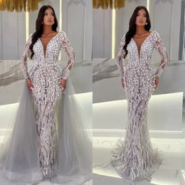 Mermaid Stunning Crystal Evening Elegant With Detachable Train Illusion V Neck Beaded Long Sleeves Prom Dress Pearls Formal Dresses For Women es