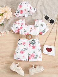 Clothing Sets 3-24M Two-Piece Baby Girls Fashion Round Head Belt Floral Onesie Shorts & Fisherman Hat Set For Spring And Summer