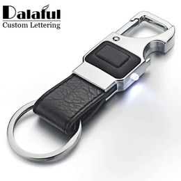 Keychains Lanyards Dalaful custom letter keychain LED light beer bottle opener multifunctional leather mens car bracket K355 Q240403