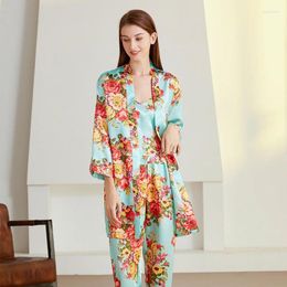 Home Clothing 3PCS Pyjamas Suit Long Sleeve Women Spring Autumn Nightwear Satin Print Flower Sleep Set Intimate Lingerie