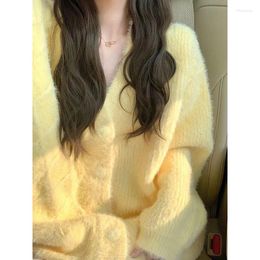 Women's Knits GIDYQ Women Cardigan Sweater Korean Sweet Yellow V Neck Soft Knit Jumpers Solid Preppy Style Single Breasted Long Sleeved Tops