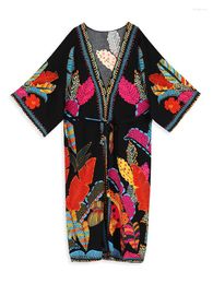 Summer Beachwear Cover Up Boho Multicolor Print Plus Size Belted Kimono House Dress 2024 Women Holiday Swimsuit Bikini Cover-ups