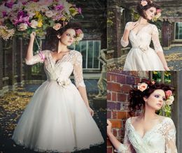 High Quality Vintage Short Wedding Dresses VNeck 34 Sleeve Flower Sash Lace Tulle Tea Length ALine Bridal Gowns Custom Made2009567