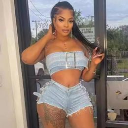 Women's Tracksuits 2 Pieces Sexy Summer Spring Fashion Women Set 2024 Strapless Sleeveless Denim Jeans Tops And Shorts Suit Matching Sets