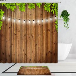 Shower Curtains Retro Wood Grain Green Plants Lamp 3D Fake Wall Bathroom Decor Curtain 2-Piece Non-Slip Bath Mats Carpet Screen