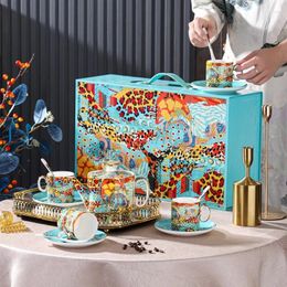 Teaware Sets Creative Leopard Pattern Bone China Coffee Tea Set Ceramics Cup Saucer Spoon Pot Gift Box Home Decoration Drinkware