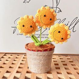 Decorative Flowers Sunflower Knitted Flower Crochet Hand Woven Bouquet Wedding For Bride Party Decor Homemade Holiday Gift Deskdecor