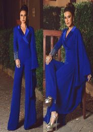 2021 Sapphire Blue Evening Dresses Rhinestone Pearls Prom Dress Long Sleeve Pants V Neck Special Occasion Dresses5385343