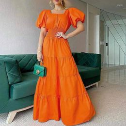 Party Dresses Summer Puff Shoulder Sexy Dress Spring Solid Button Long Shirt Women Elegant Turn-down Collar Office Lady Maxi