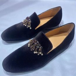 Casual Shoes Fashion Black Mens Velvet Loafers Tassel Luxury Rhinestone Men Dress Slip On Party And Wedding