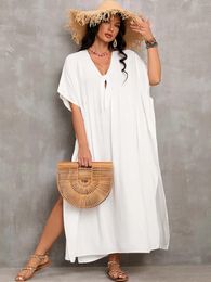 Womens Swimsuit Cover Up V-Neck Side Split Casual Beach Dress Short Sleeve White Long Maxi Dresses Vacation Bathing Suit Coverup