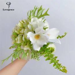 Wedding Flowers Green White Artificial Rose Hydrangea Galsang Flower Bouquet Silk Home Decoration Party Table Decor Flore