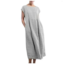 Casual Dresses Women'S Summer Solid Color Sleeveless O-Neck Loose Pocket Stitching Cotton Linen Dress Evening Women