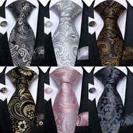 Bow Ties Black And Silver Paisley Floral Men's Grey Blue Pink Wedding Accessories Neck Tie Set Handkerchief Cufflinks Gift For Men