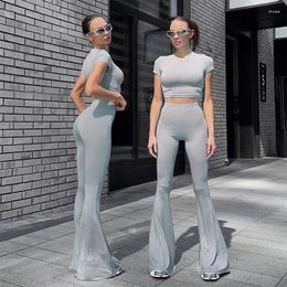 Women's Two Piece Pants Women Sets Outfit Navel Exposed Sexy Short Sleeve Top And High-waisted Flared Trousers Summer Matching Set