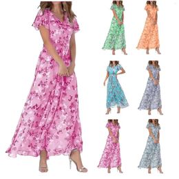 Casual Dresses Summer Chiffon Floral Print Womens Short Sleeve V Neck Tunic Maxi Dress Fashion Ruffle Waist Pleated Swing Robe