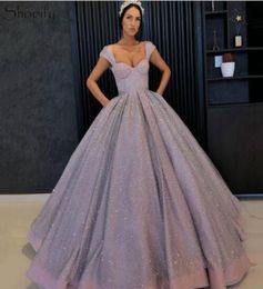Puffy Long Evening Dresses sweetheart with pockets 2018 Ball Gown Cap Sleeve Sparkly Sequin Arabic Style Women Formal Evening Gown9344791