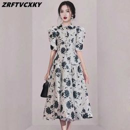 Two Piece Dress Temperament Printing 2-piece set for womens retro puff slim fit top+high waisted large hem A-Line skiing summer womens clothingC240407