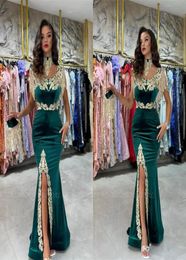 Hunter Green Mermaid Prom Dresses White Appliques Arabic Dubai Evening Gowns With tassel High Split Formal party Vestidos5295459