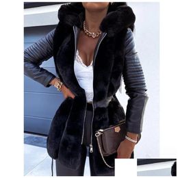 Damenfell Faux 2023 Herbst Winter Coat Frauen mit Gürtel Kapuze mit Reißverschluss Reißverschluss Kleidung für Frauen Drop -Lieferkleidung aus