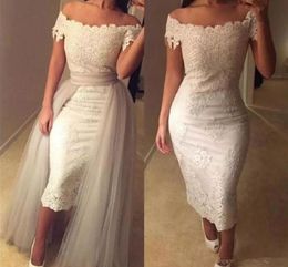 Elegant Lace Wedding Dresses TeaLength Appliques Sheath Bridal Dresses with Silver Overskirts Vintage Off the Shoulder Wedding Go1534852