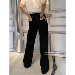 Women's Jeans Firmranch 2024 Black Baggy For Men Women Back Four-point Embroidery Bootcut Denim Pants Mopping Length