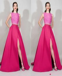 Two Piece Fuchsia Prom Dresses 2016 Design with Sexy High Side Slit A Line Vestidos de Festa Lace Applique Formal Evening Party Go4301861