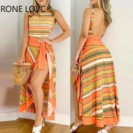 Women's Swimwear Women Elegant Tank Striped Backless Smock Skirt Vacation Beach Bikinis Does Set