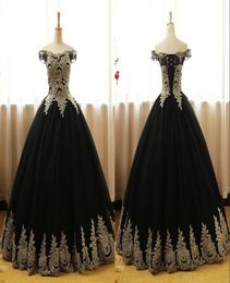 Ball Gown Prom Dress 2022 Black And Gold Lace Tulle Off the shoulder Tulle Short Sleeve Long Cheap Corset Back Evening Formal Gown2687612