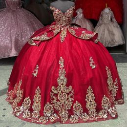 Red Quincenara Dress 2024 Bow Mexico Gold Applique Lace Beads Vestidos De 15 Anos Quinceanera XV Brithday Sweet 16 Dresses Ball Gown