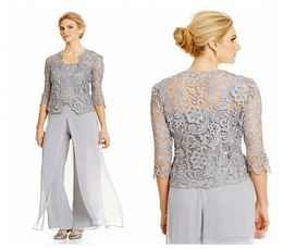 Vintage Silver Mother Of the Bride Groom Dresses With Pants Suits Quarter Sleeve Lace Jacket Top pant suit evening dresses elegan6467380