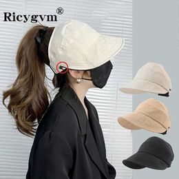 Wide Brim Hats Bucket Mask hanging ponytail hat Korean womens empty top sun solid color folding summer Q240403
