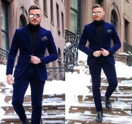 Dark Blue One Button Velvet Mens Prom Suits Notched Lapel Celebrity Wedding Suits For Men Tuxedos Two Pieces Blazers Jacket Pan2738684