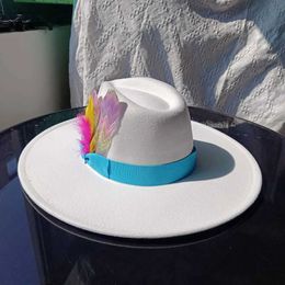 Wide Brim Hats Bucket Hats White hat 9.5cm brim feather accessory wide brim jazz hat mens and womens soft Woollen hat Panama hat wedding hat sombrero 240407