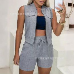 Women's Tracksuits Design 2024 Spring Autumn Arrivals Clothing Solid Colour Fashion Sleeveless Patch Pocket Cardigan Jacket Shorts Suit