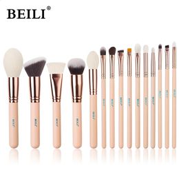 BEILI 15Pcs Rose Gold Makeup Brushes Pink Natural Goat Hair Foundation Powder Blush Eyeshadow Brush Set brochas maquillaje 240403