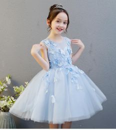 Elegant light Blue Tulle Flower Girl Dress Party Kids Pageant Gown Princess Wedding Dress Sleeveless First Communion Dresses 114T9735805