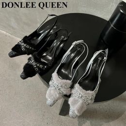 Sandals Fashion Slingback Women High Heel Pumps Brand Shoes Elegant Pointed Toe Female Mule Dress Slide Rivet Sandalia Fur Mujer